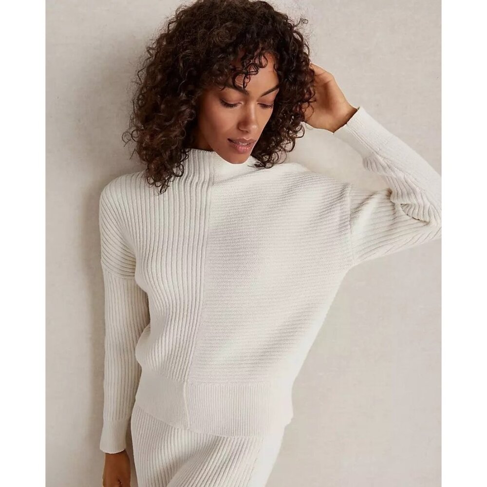 Haven Well Within Mixed Ribbed Cotton‎ Sweater Cream Mock Neck Small s1